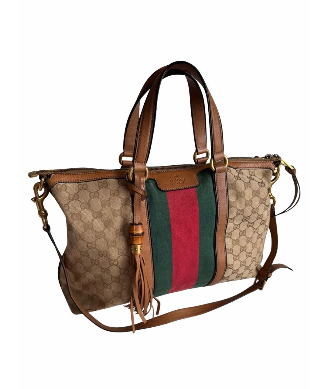 GUCCI Коричневая тканевая сумка с короткими ручками, фото 1