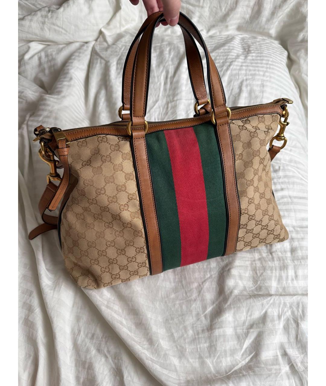 GUCCI Коричневая тканевая сумка с короткими ручками, фото 2