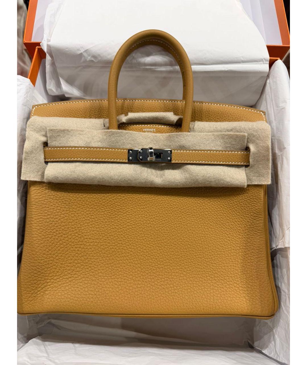 HERMES Горчичная кожаная сумка с короткими ручками, фото 4