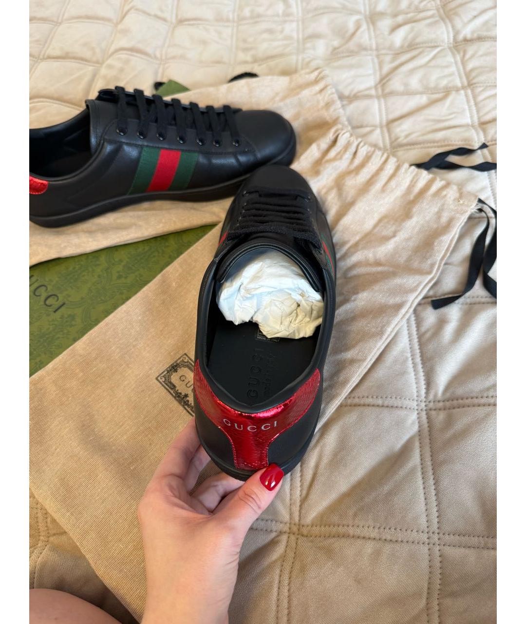 GUCCI Черные кожаные низкие кроссовки / кеды, фото 3