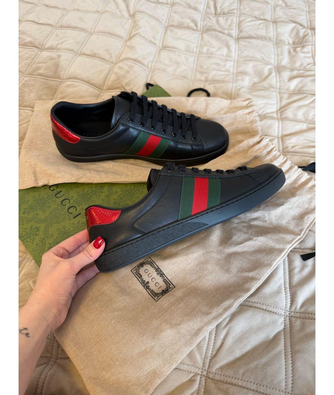 GUCCI Черные кожаные низкие кроссовки / кеды, фото 2