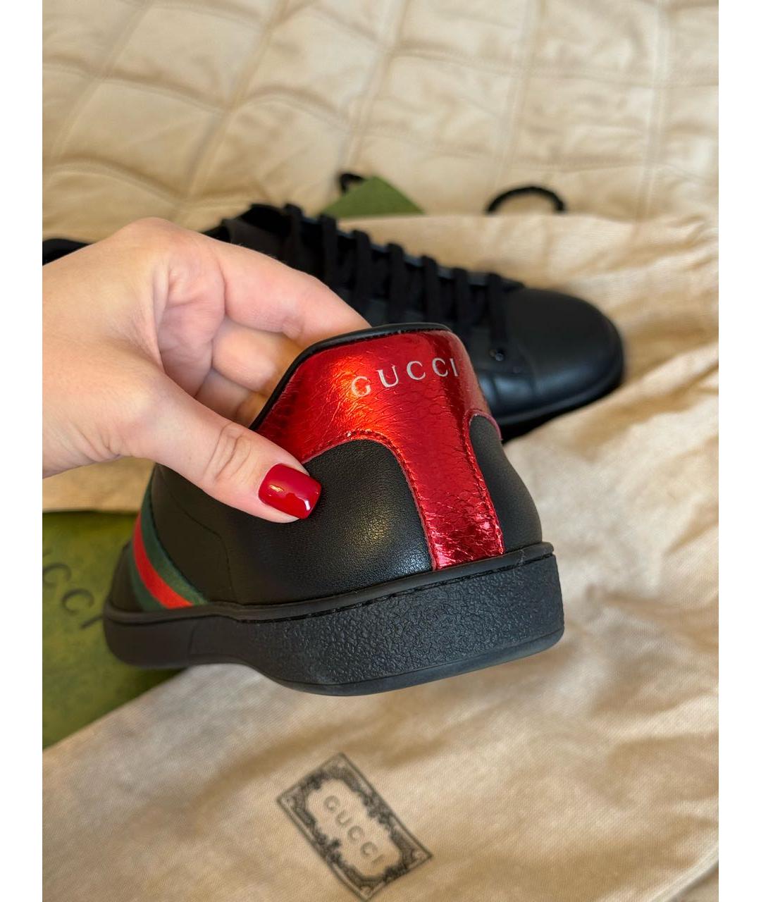 GUCCI Черные кожаные низкие кроссовки / кеды, фото 4