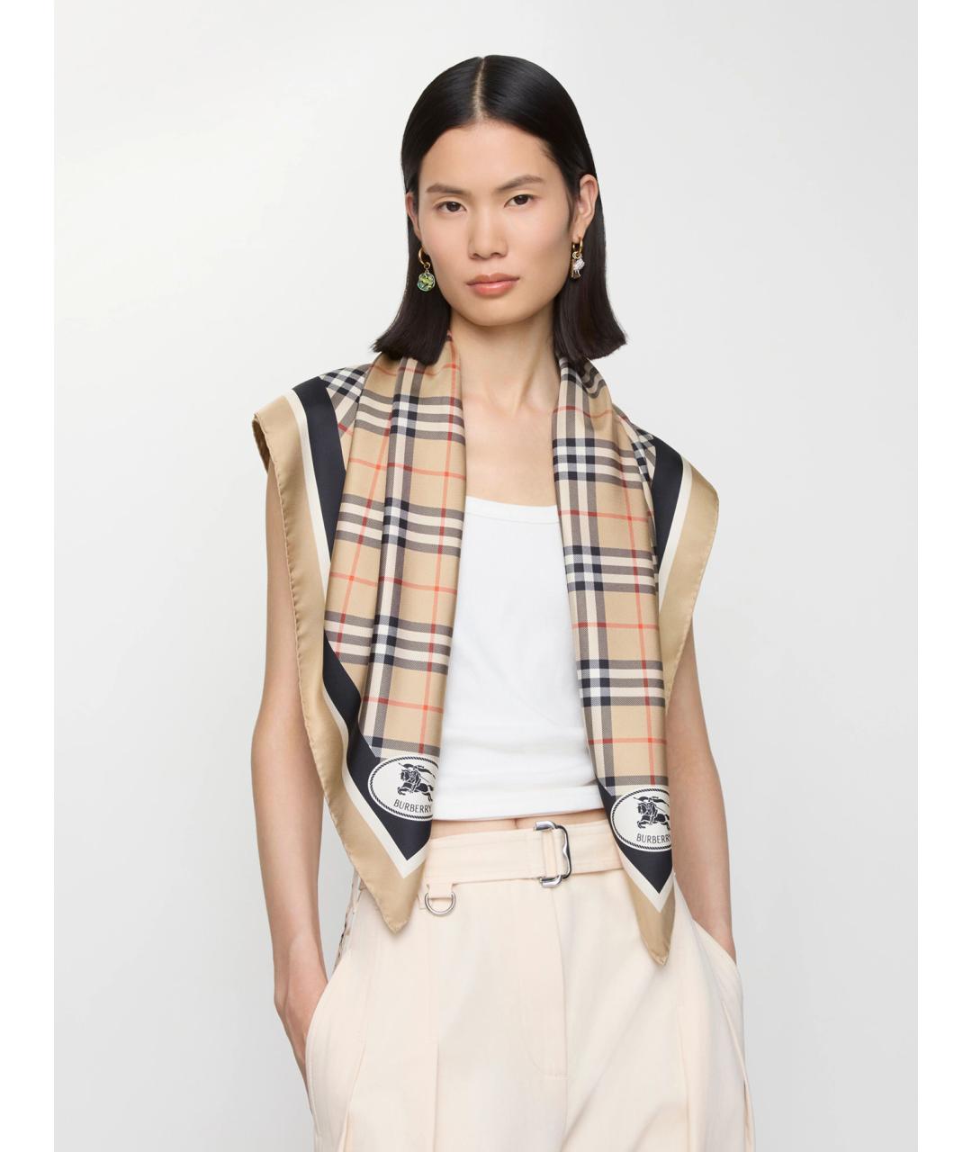 BURBERRY Бежевый шелковый платок, фото 2