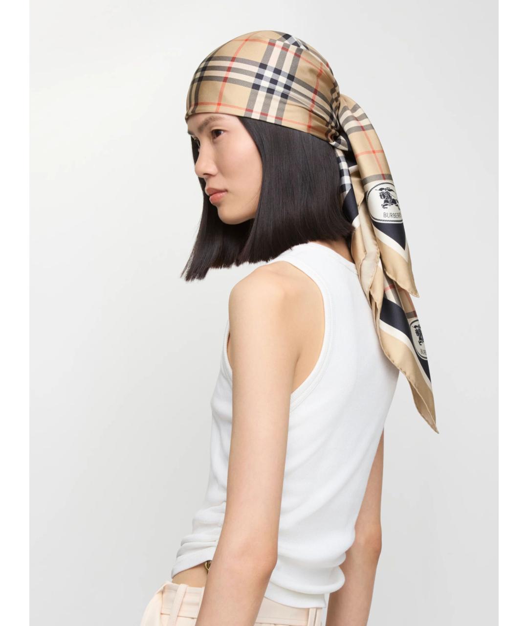 BURBERRY Бежевый шелковый платок, фото 4