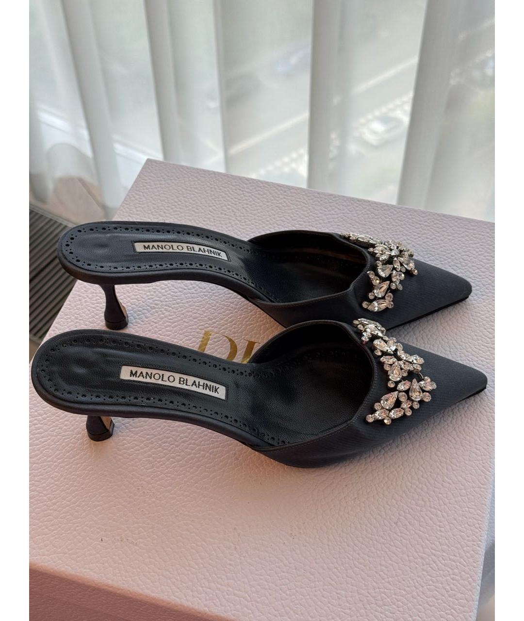 MANOLO BLAHNIK Антрацитовые текстильные лодочки на низком каблуке, фото 3