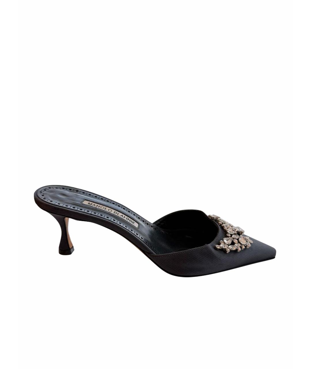 MANOLO BLAHNIK Антрацитовые текстильные лодочки на низком каблуке, фото 1