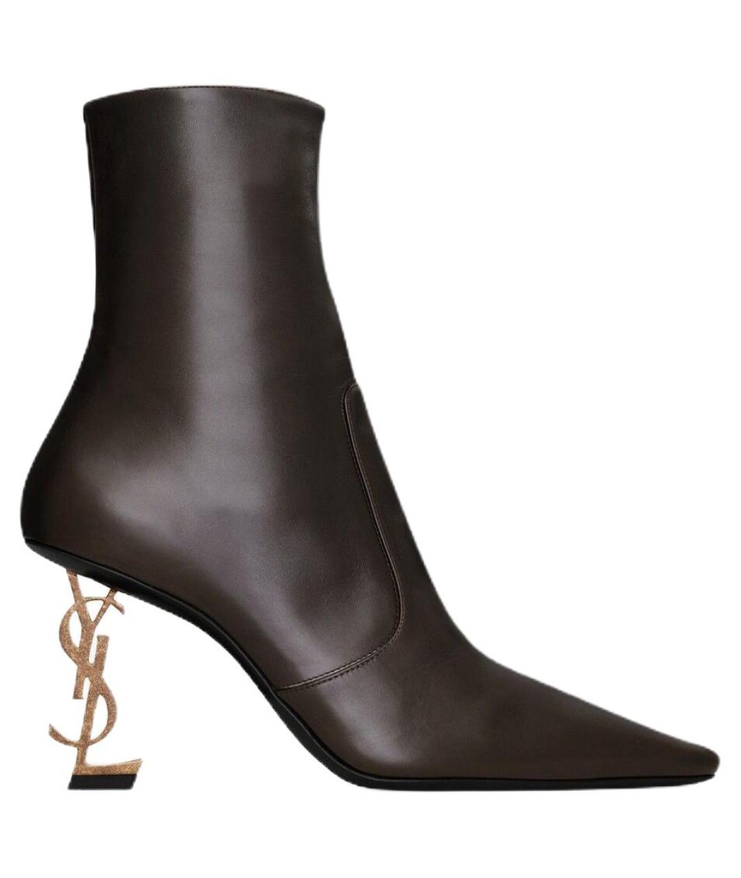 SAINT LAURENT Коричневые кожаные ботильоны, фото 1