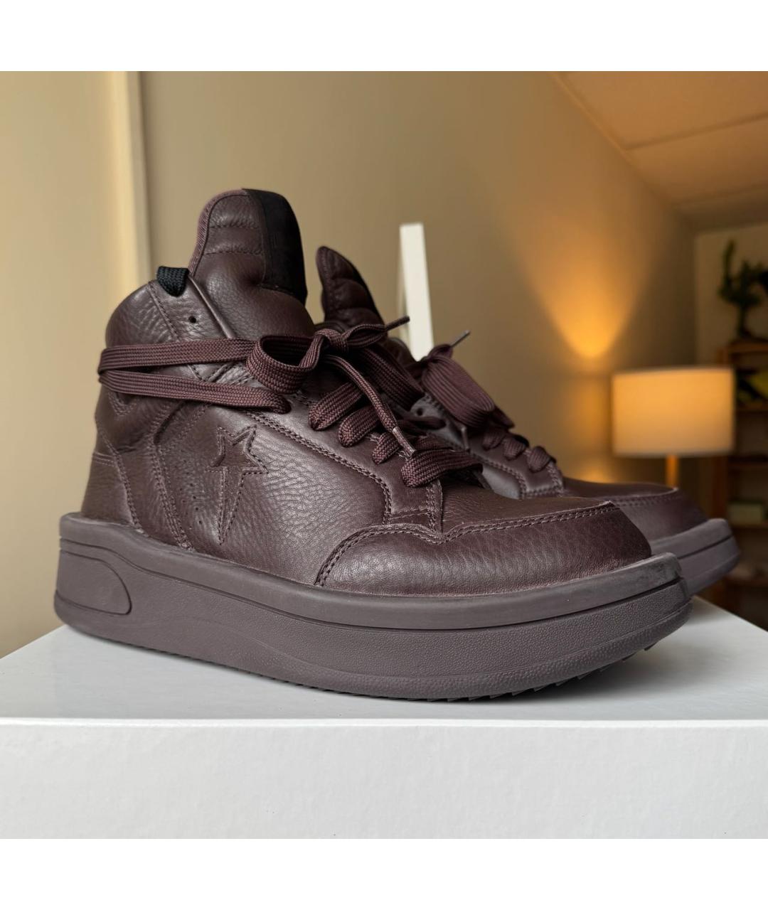 RICK OWENS Бордовые кожаные высокие кроссовки / кеды, фото 2