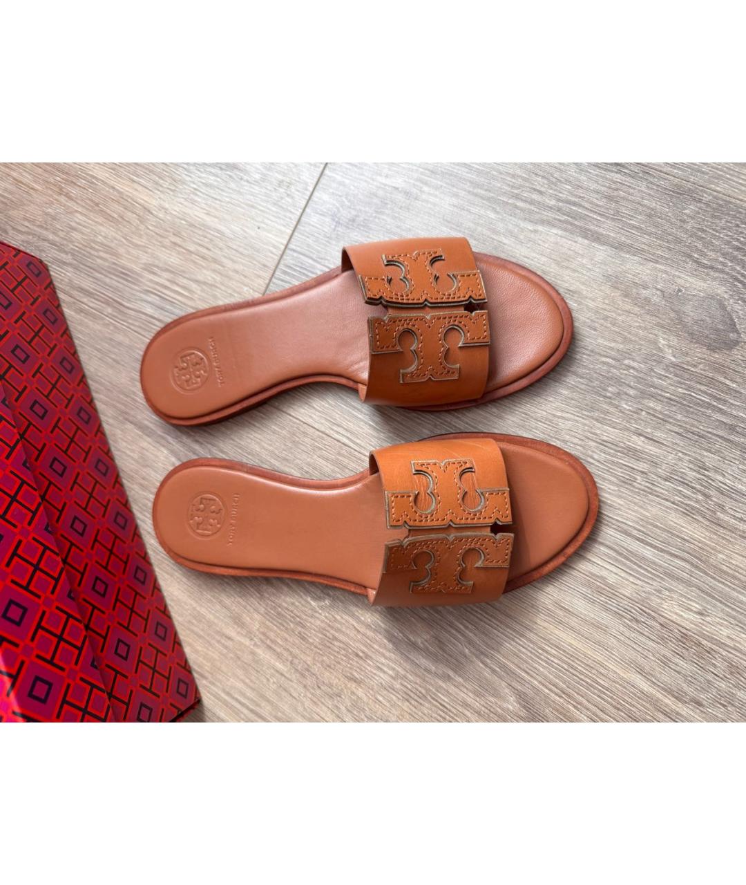 TORY BURCH Коричневые кожаные шлепанцы, фото 3
