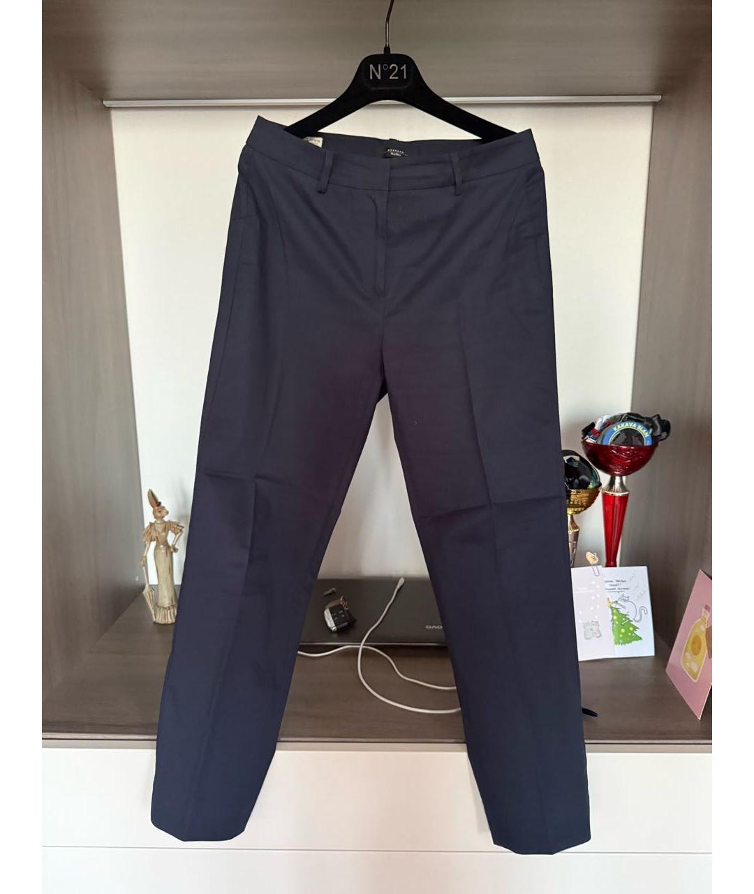 WEEKEND MAX MARA Темно-синие хлопко-эластановые прямые брюки, фото 9
