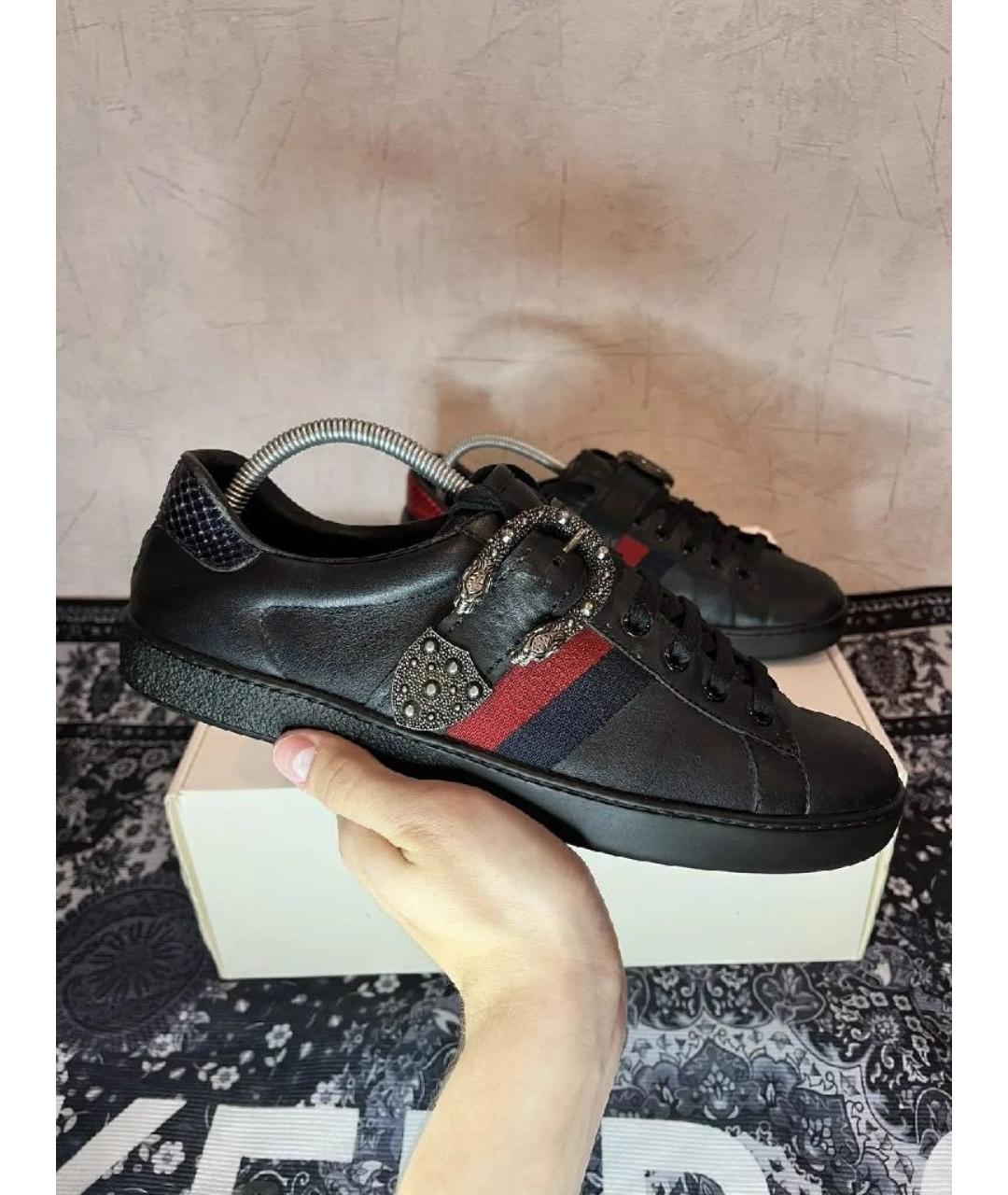GUCCI Черные кожаные низкие кроссовки / кеды, фото 10