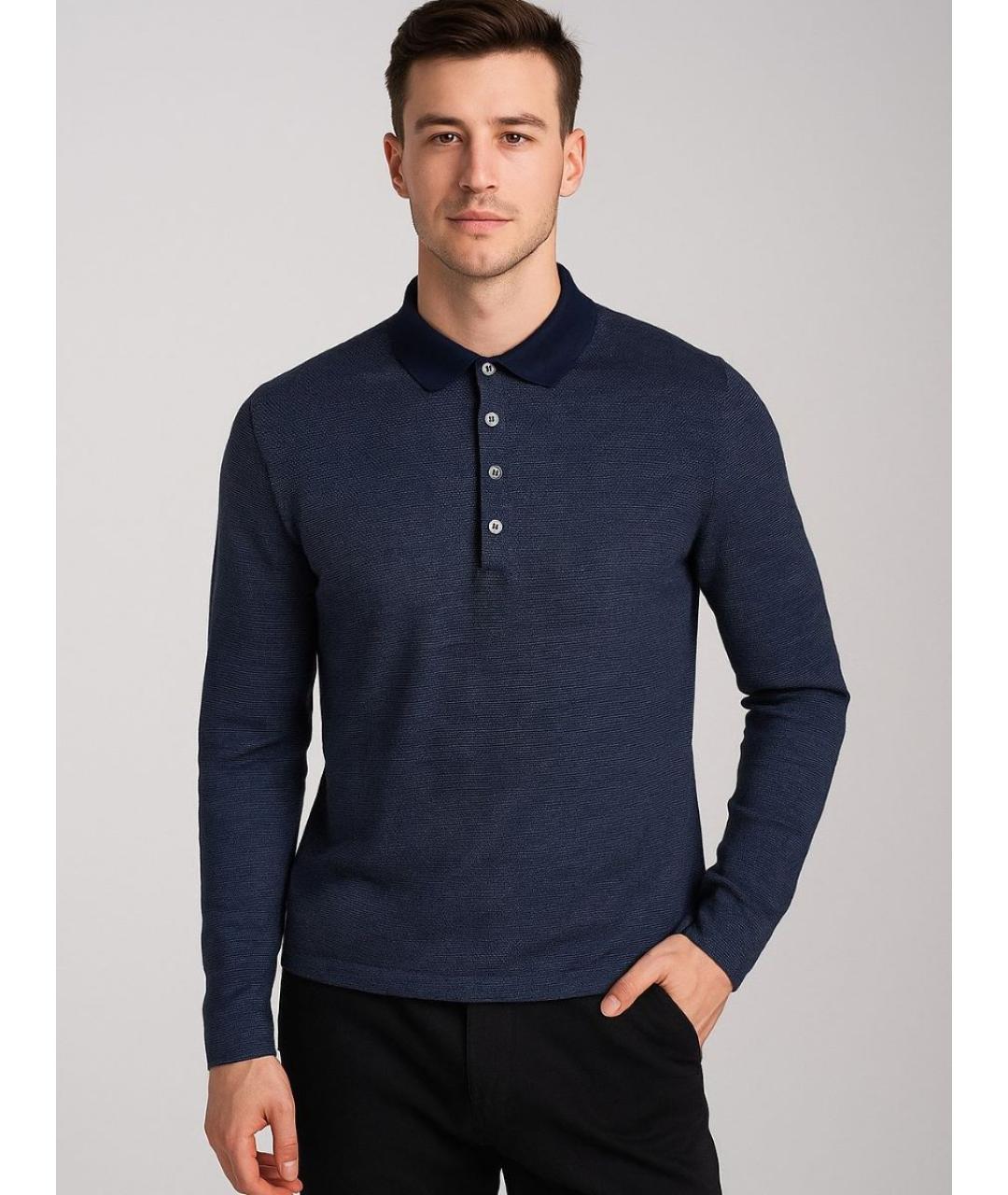 HUGO BOSS Темно-синее хлопковое поло с длинным рукавом, фото 2