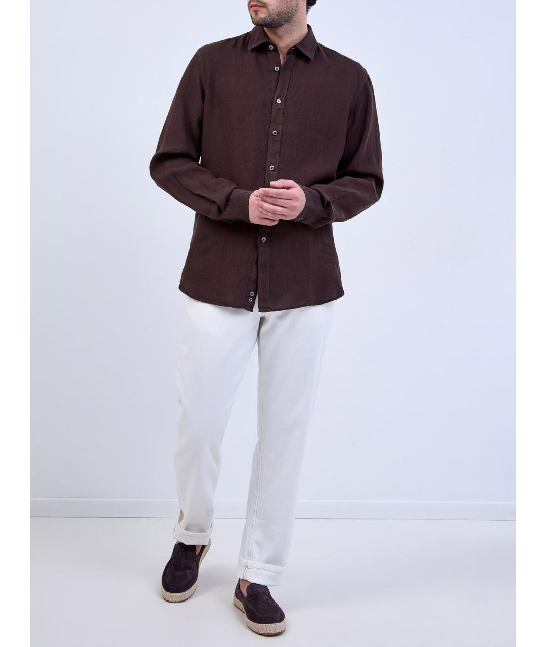 CANALI Коричневая льняная классическая рубашка, фото 2