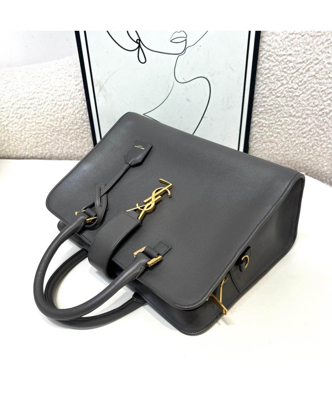SAINT LAURENT Серая кожаная сумка тоут, фото 5