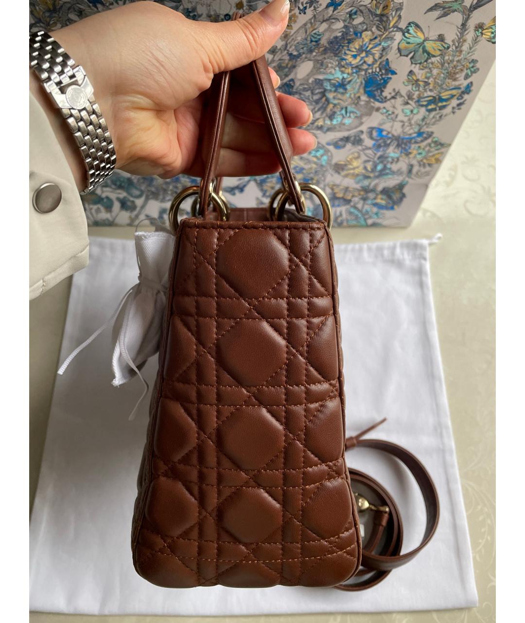 CHRISTIAN DIOR Коричневая кожаная сумка с короткими ручками, фото 4