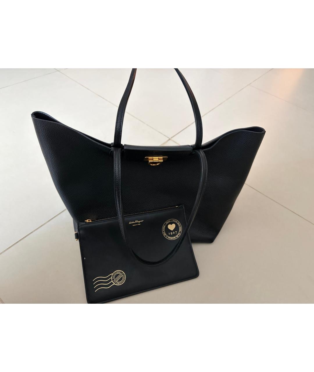 FERRAGAMO Черная кожаная сумка тоут, фото 2