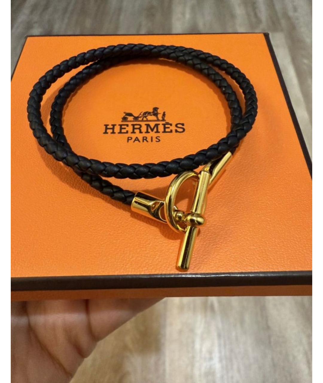 HERMES Черный кожаный браслет, фото 2