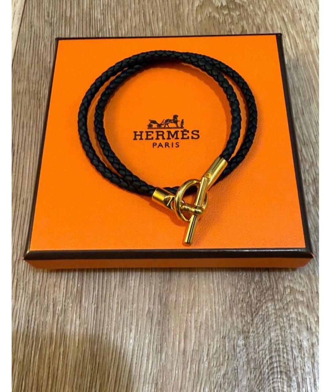 HERMES Черный кожаный браслет, фото 9