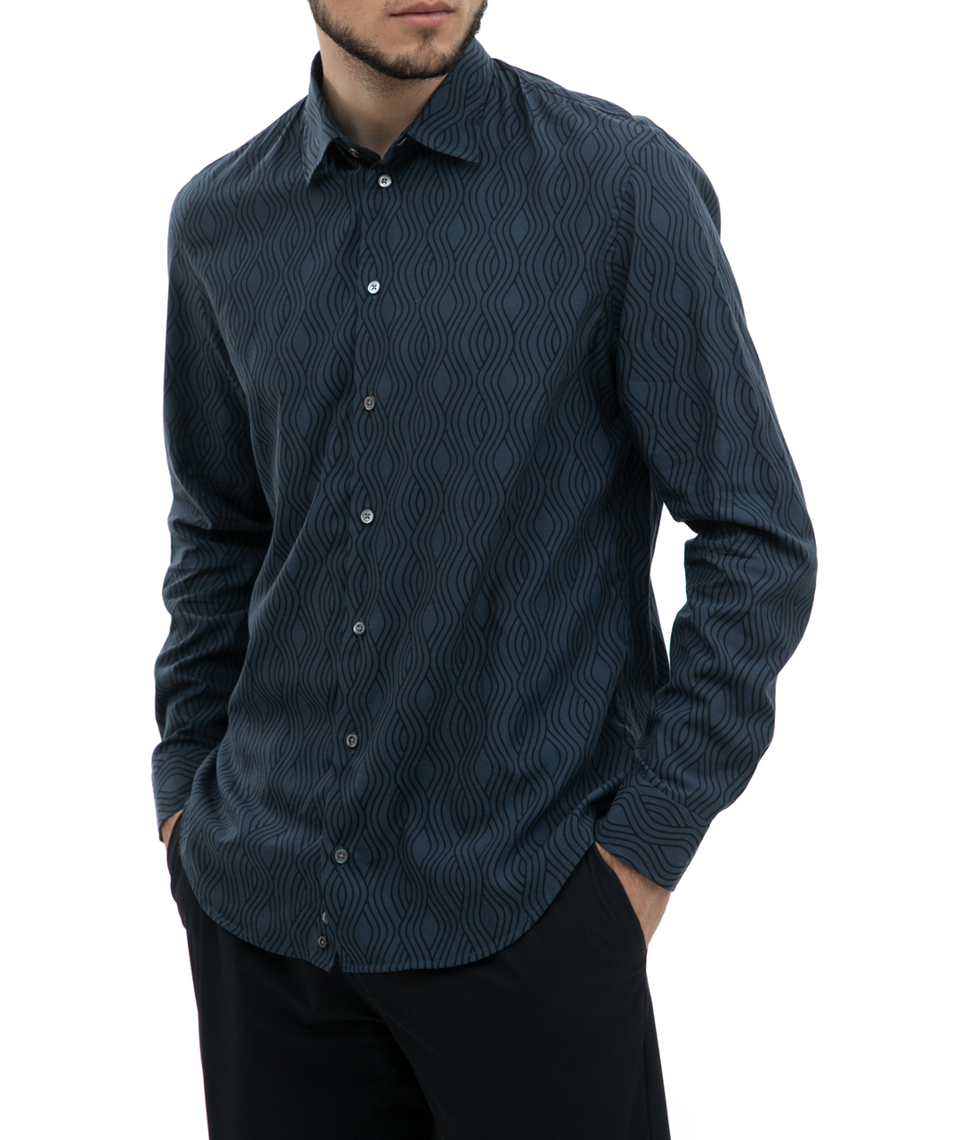 EMPORIO ARMANI Темно-синяя хлопко-лиоцелловая кэжуал рубашка, фото 4