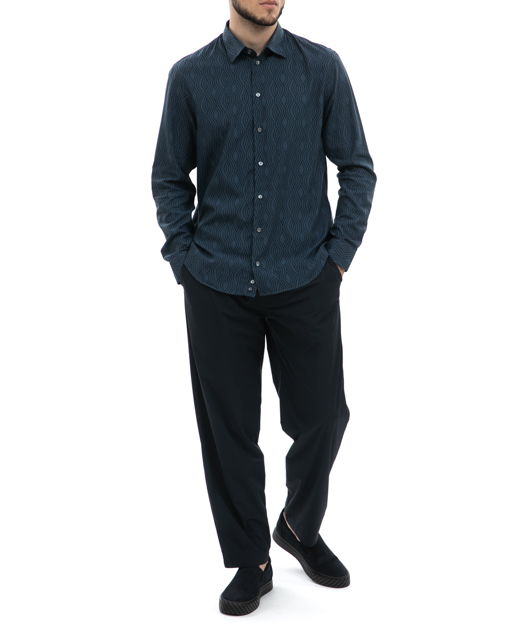 EMPORIO ARMANI Темно-синяя хлопко-лиоцелловая кэжуал рубашка, фото 2