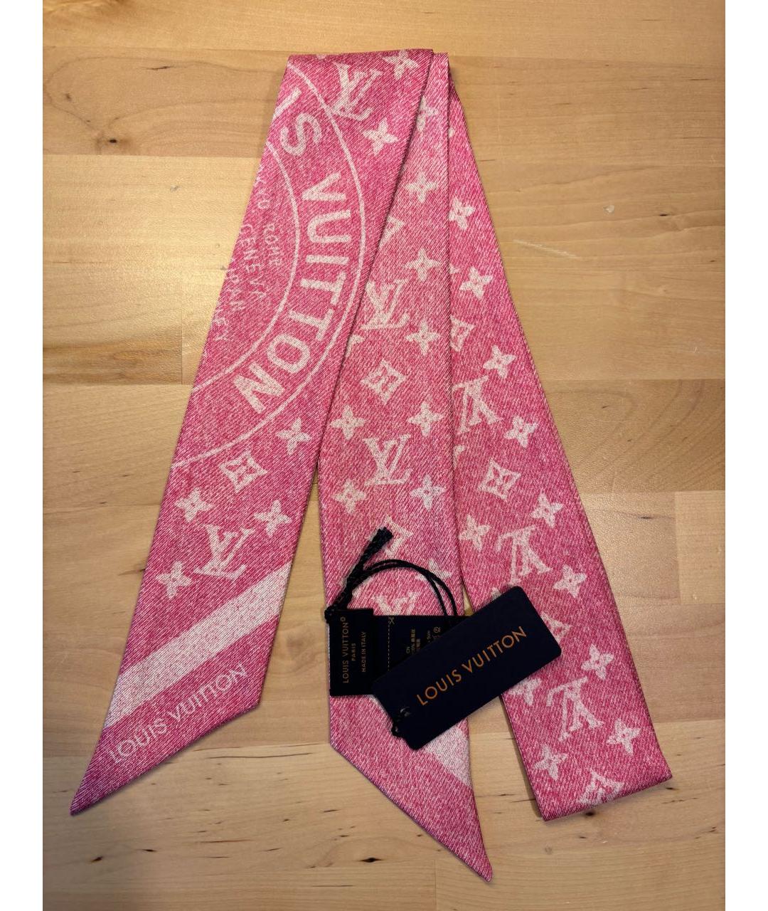 LOUIS VUITTON Розовый шелковый шарф, фото 4