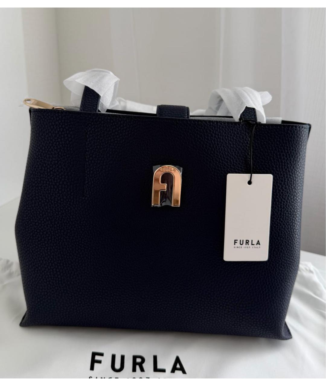 FURLA Темно-синяя кожаная сумка тоут, фото 3
