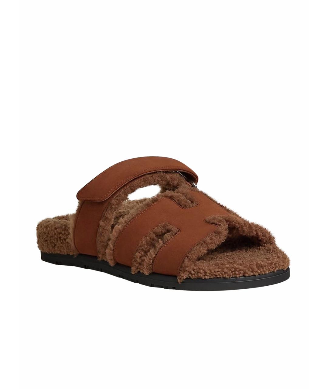 HERMES Коричневые замшевые шлепанцы, фото 1