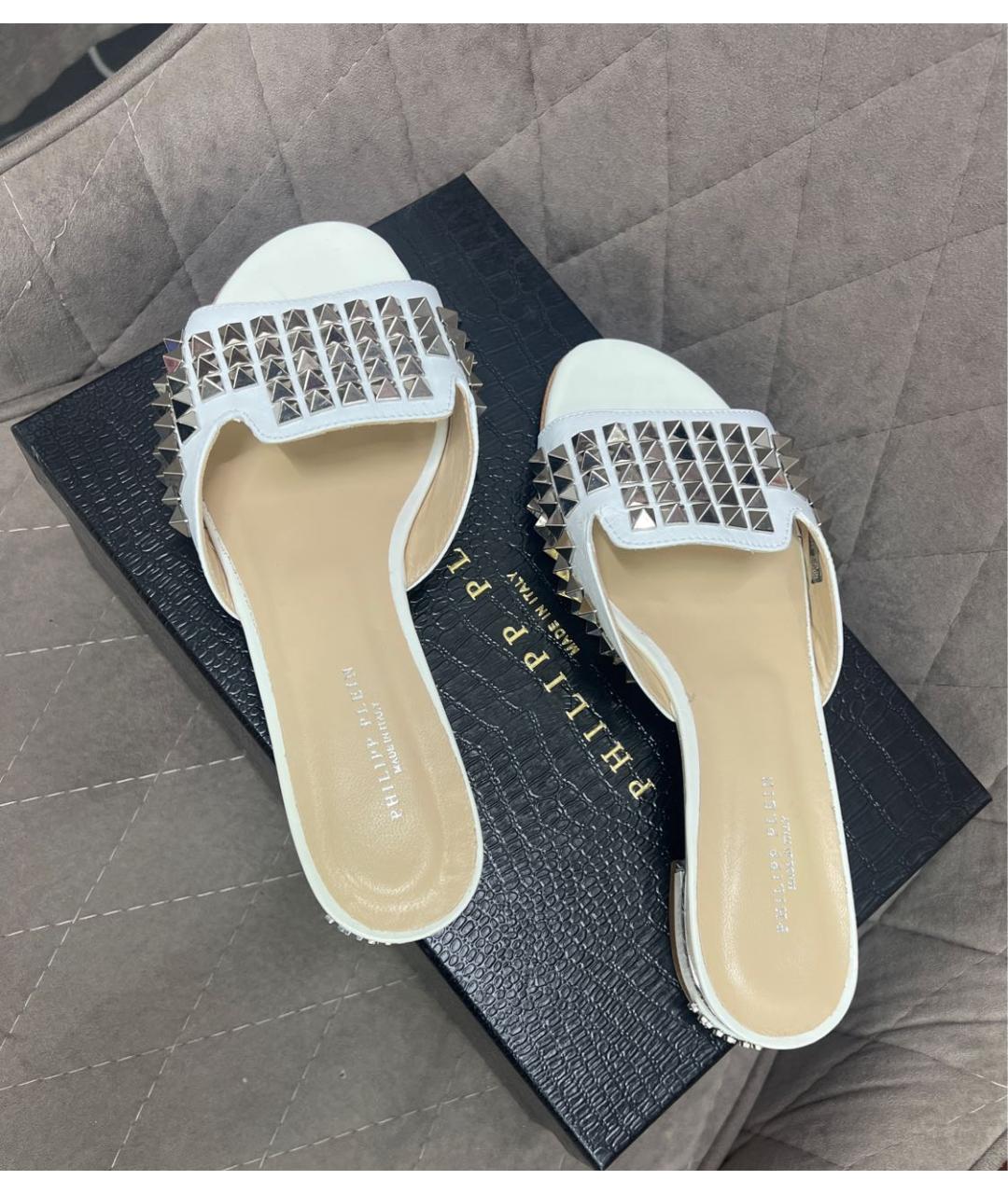PHILIPP PLEIN Белые кожаные шлепанцы, фото 7