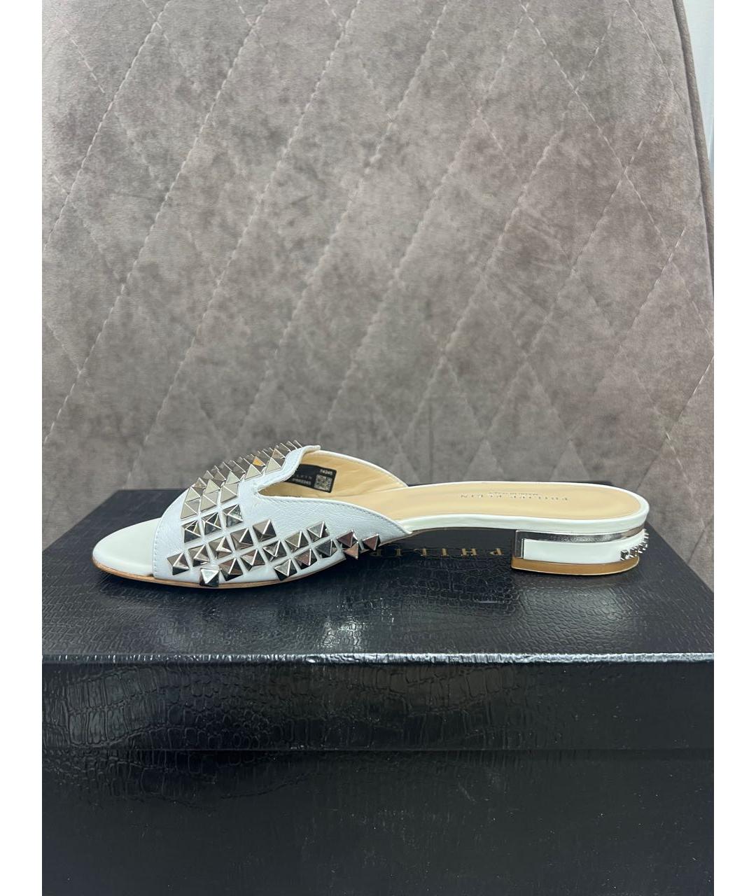 PHILIPP PLEIN Белые кожаные шлепанцы, фото 9