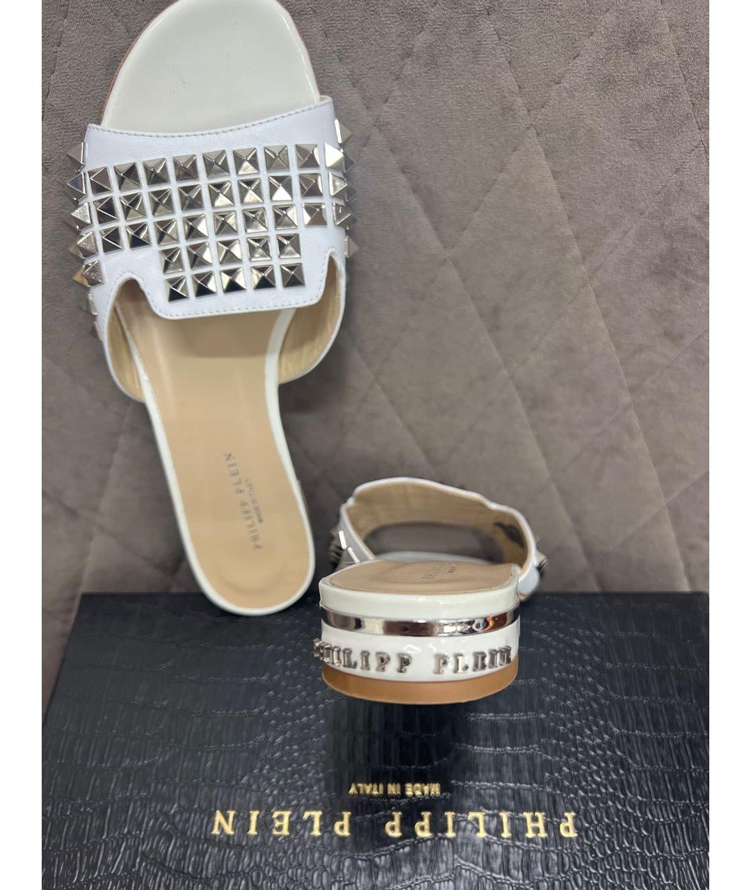 PHILIPP PLEIN Белые кожаные шлепанцы, фото 6
