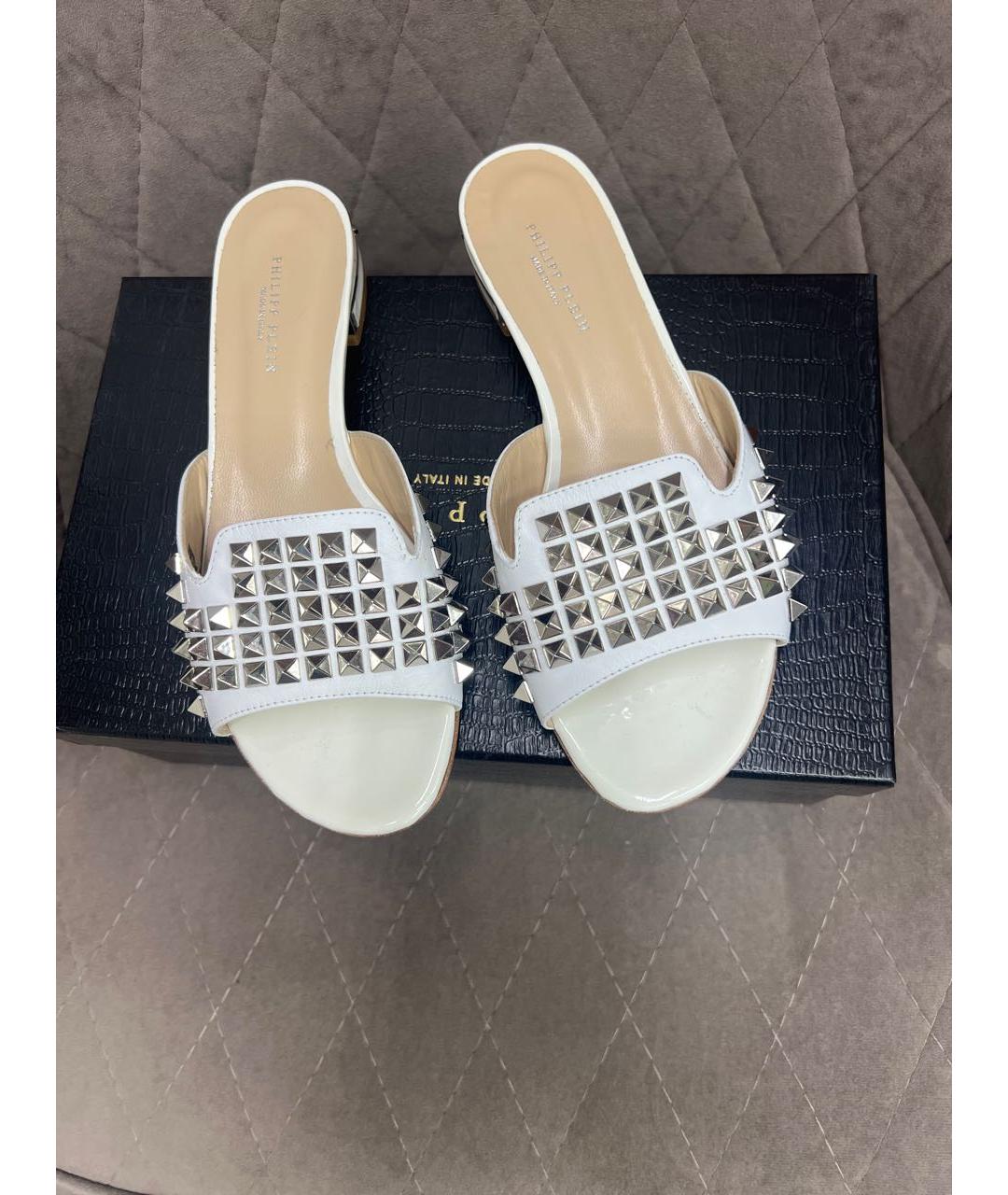 PHILIPP PLEIN Белые кожаные шлепанцы, фото 5