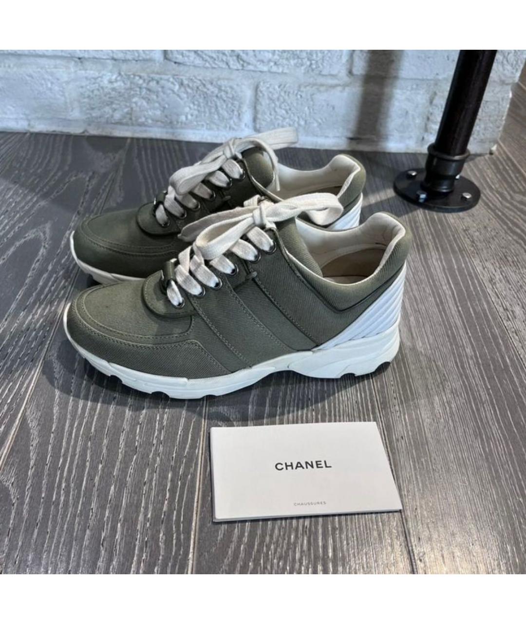 CHANEL Хаки текстильные кроссовки, фото 7