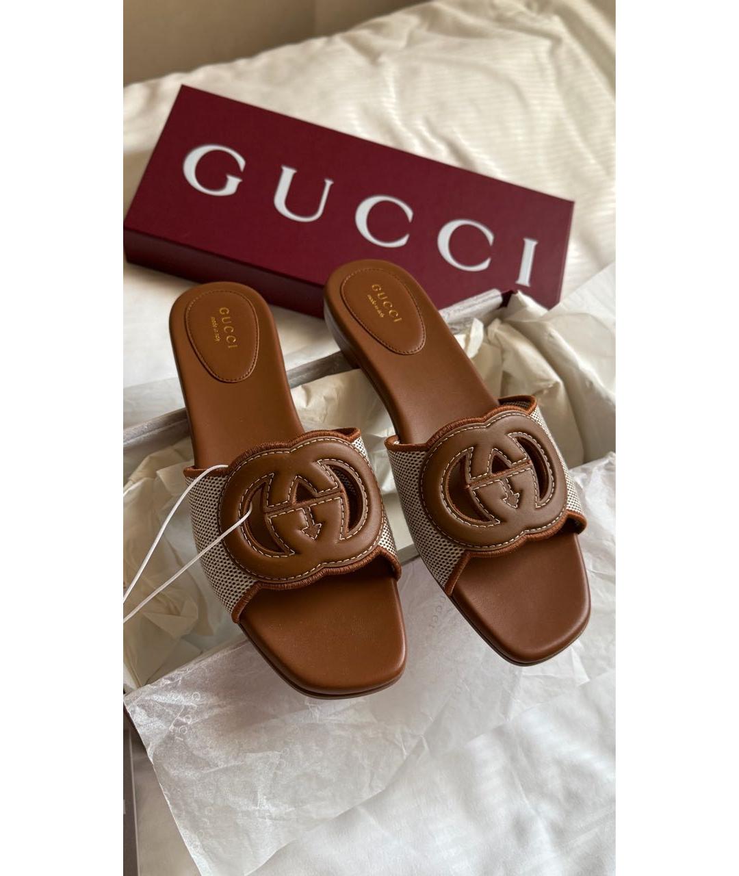 GUCCI Коричневые кожаные шлепанцы, фото 2