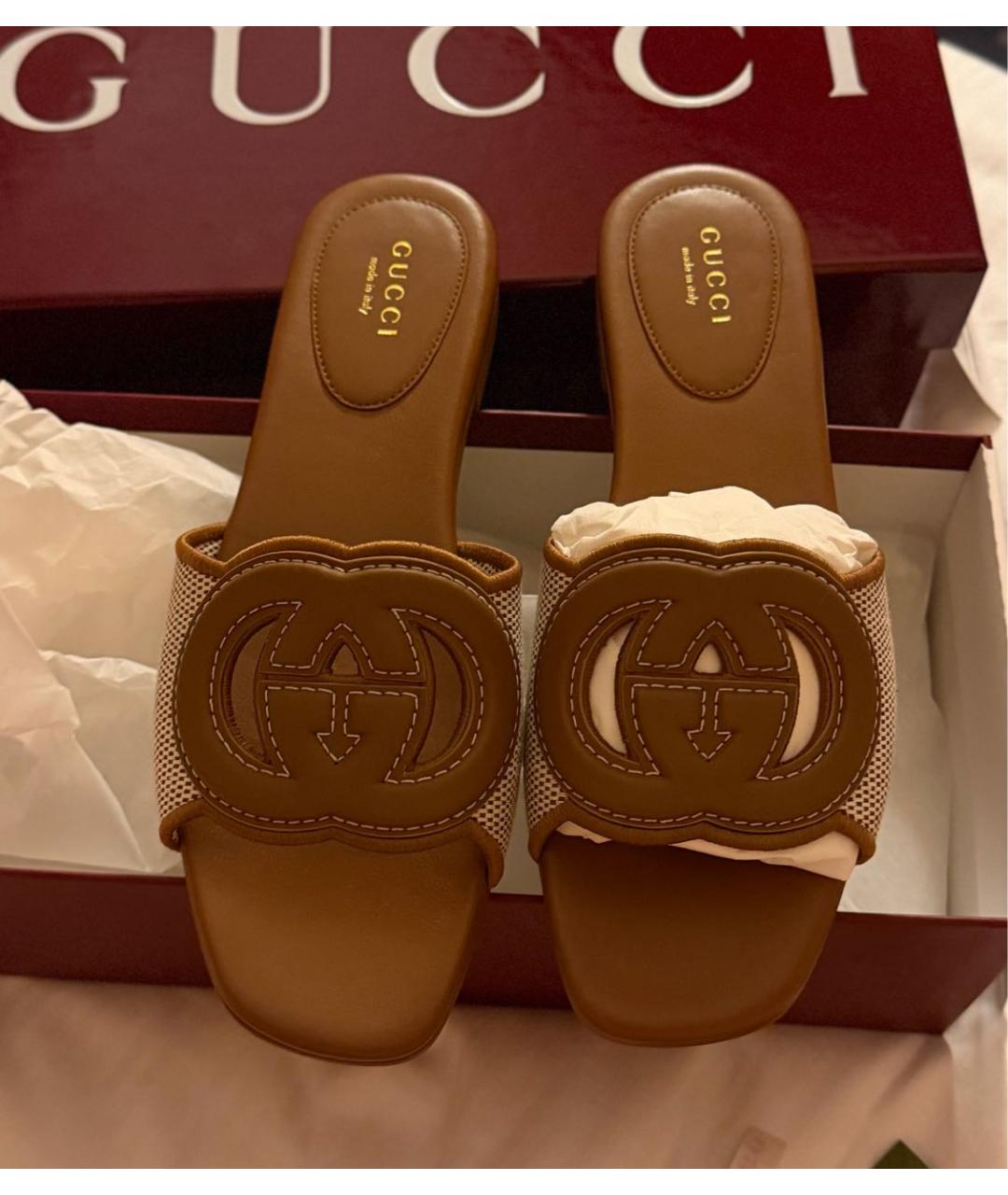 GUCCI Коричневые кожаные шлепанцы, фото 3
