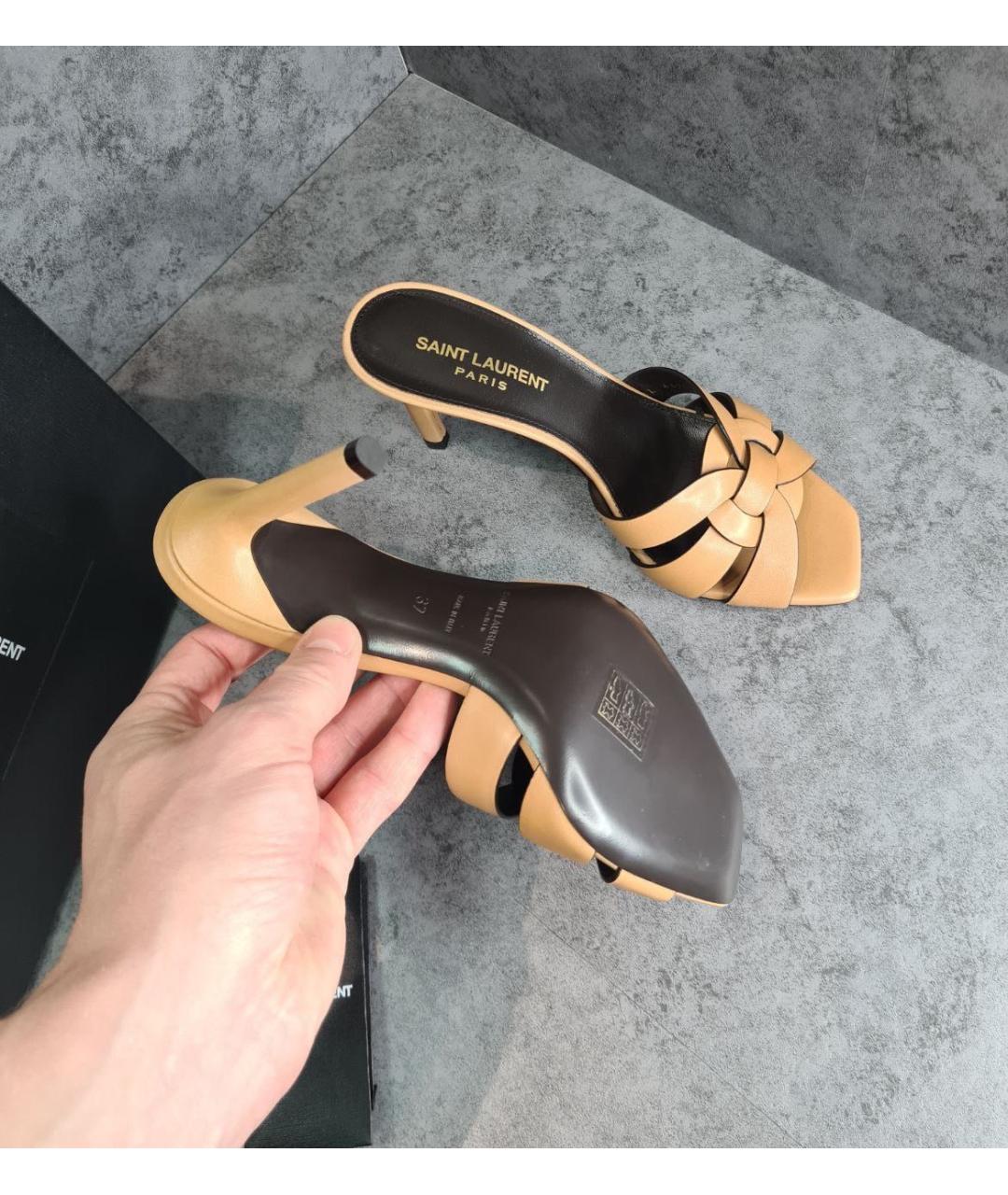 SAINT LAURENT Бежевые кожаные мюли, фото 5