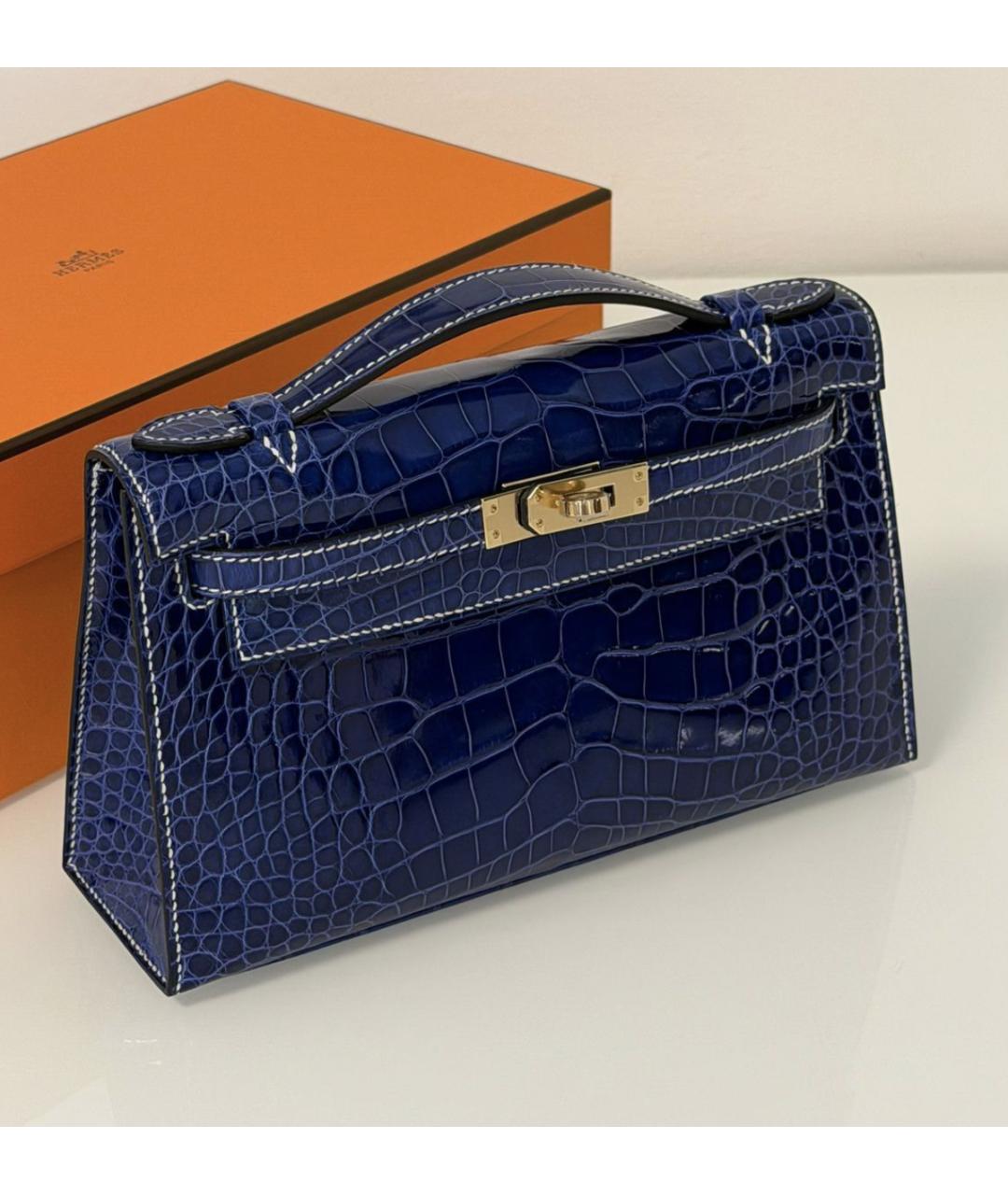 HERMES Синяя сумка с короткими ручками из экзотической кожи, фото 3
