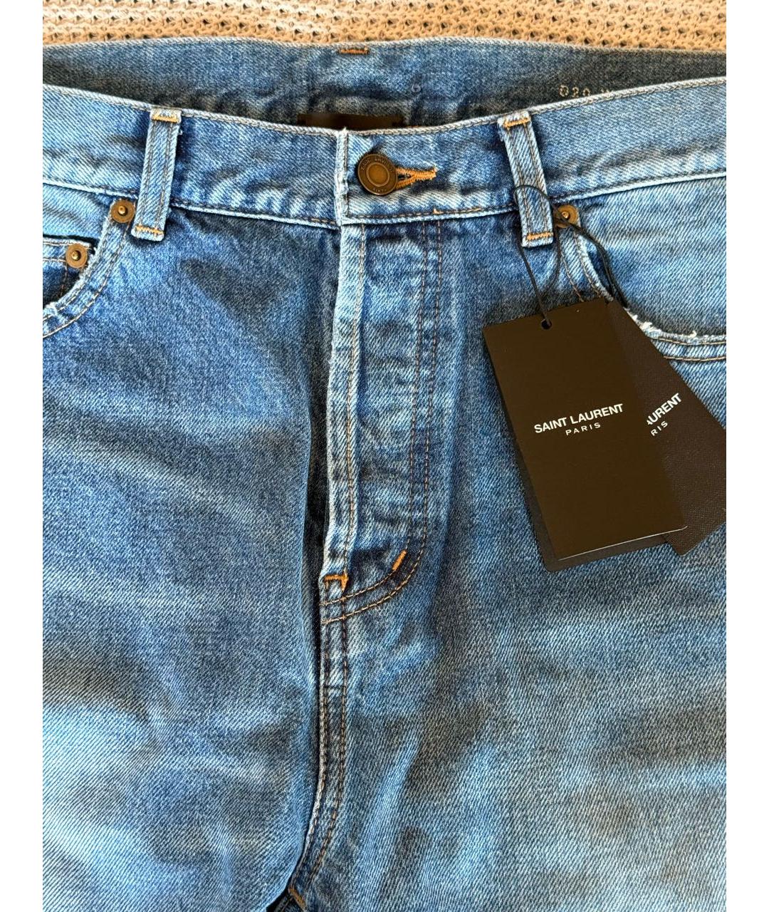 SAINT LAURENT Голубые хлопко-эластановые прямые джинсы, фото 5