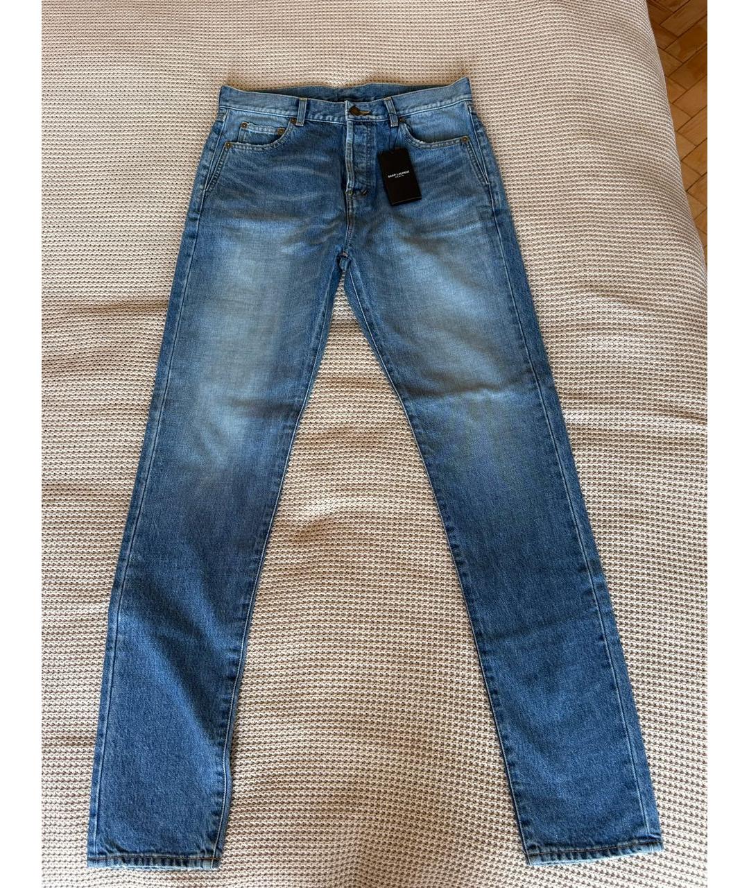 SAINT LAURENT Голубые хлопко-эластановые прямые джинсы, фото 8