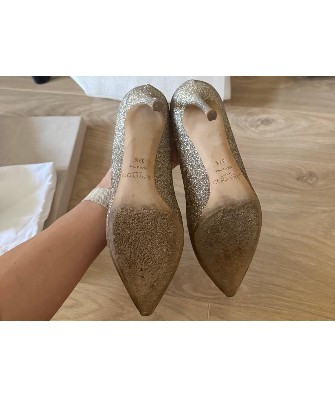 JIMMY CHOO Золотые кожаные свадебные туфли на среднем каблуке, фото 5