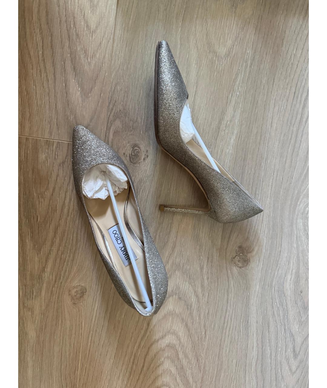 JIMMY CHOO Золотые кожаные свадебные туфли на среднем каблуке, фото 8