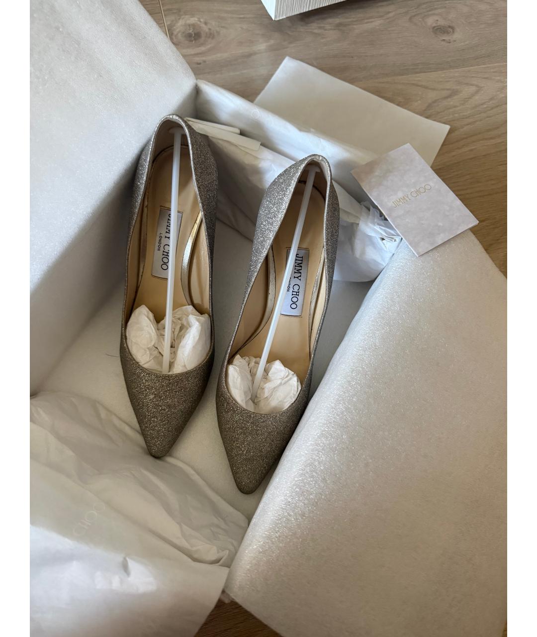JIMMY CHOO Золотые кожаные свадебные туфли на среднем каблуке, фото 2