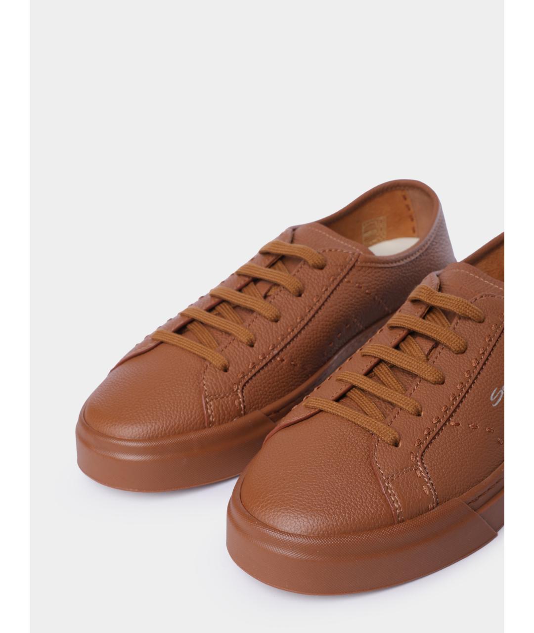 SANTONI Коричневые кожаные низкие кроссовки / кеды, фото 3