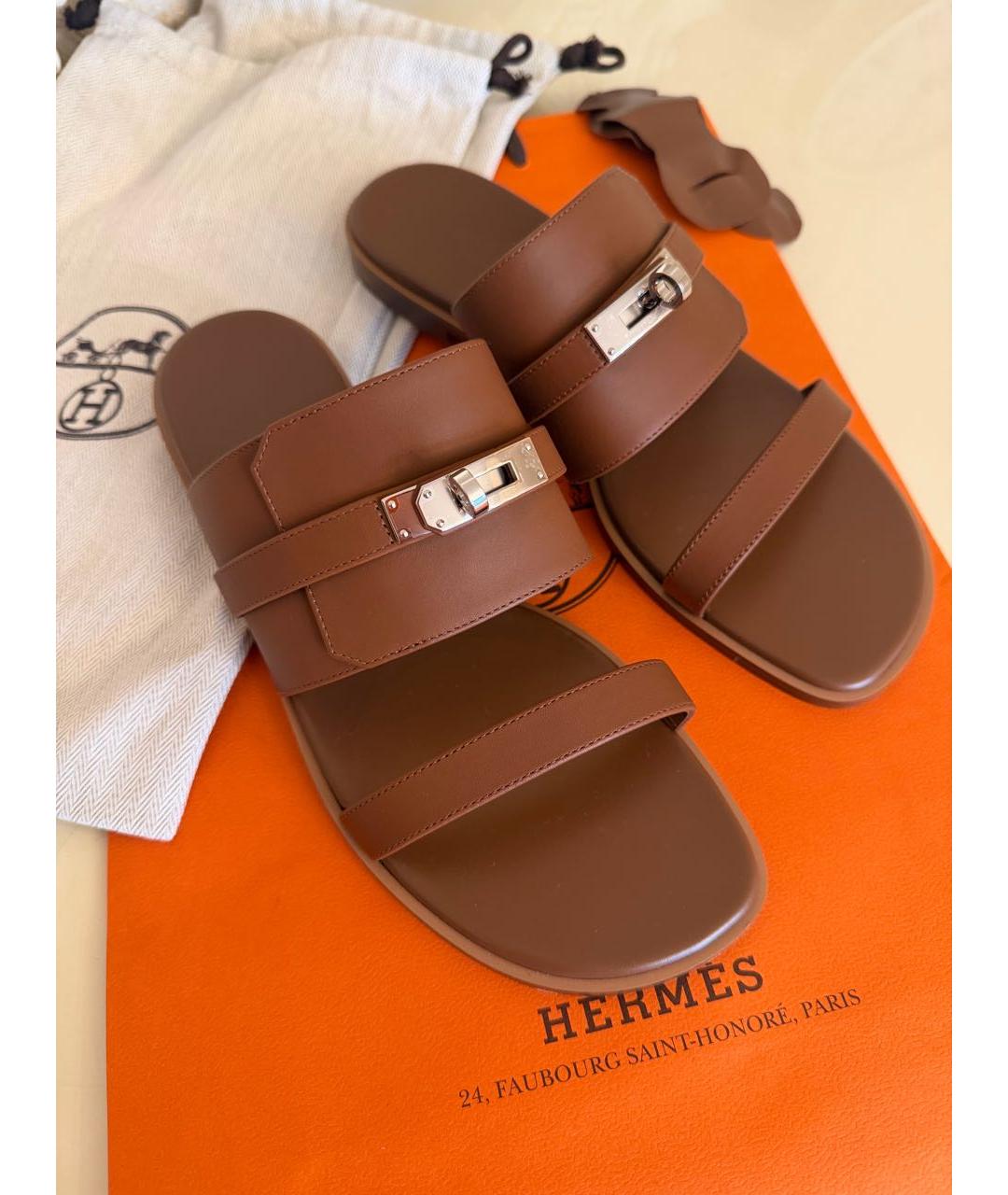 HERMES Коричневые кожаные сандалии, фото 5