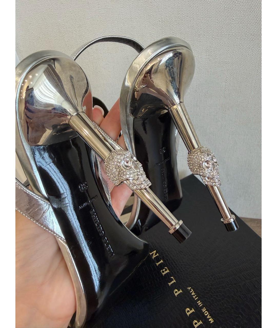 PHILIPP PLEIN Серебряные кожаные босоножки, фото 3