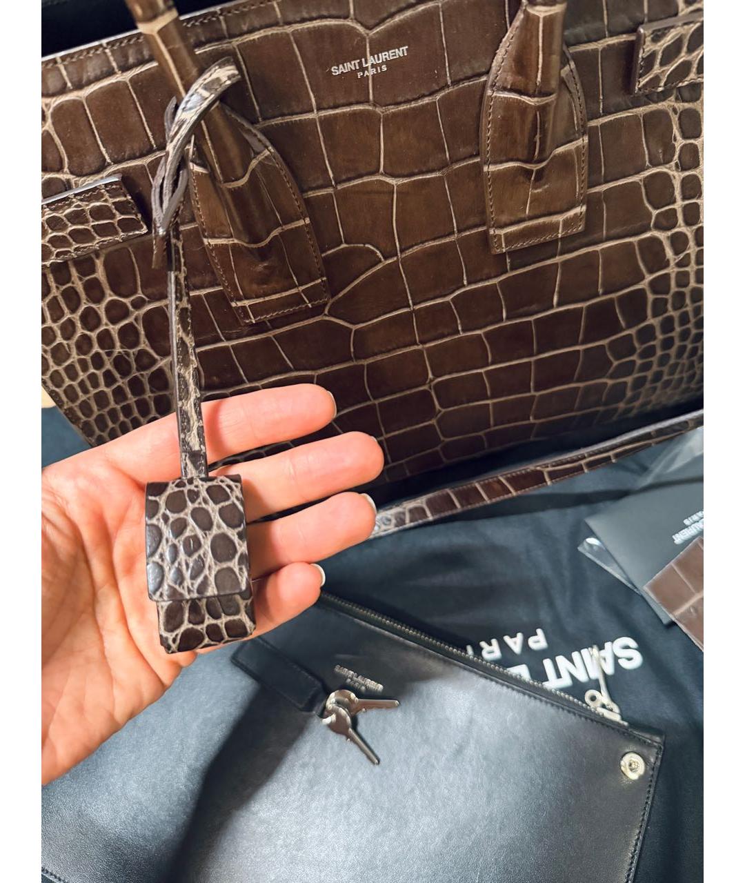 SAINT LAURENT Коричневая кожаная сумка тоут, фото 7