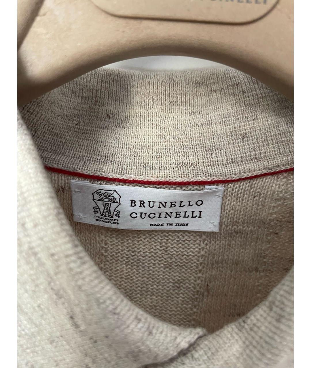 BRUNELLO CUCINELLI Бежевое хлопко-льняное поло с коротким рукавом, фото 3