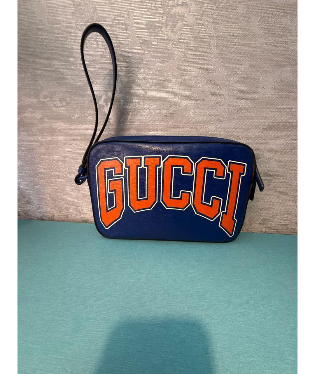 GUCCI Темно-синяя кожаная барсетка, фото 6
