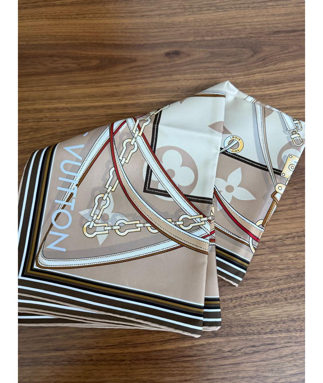 LOUIS VUITTON Бежевый шелковый платок, фото 6
