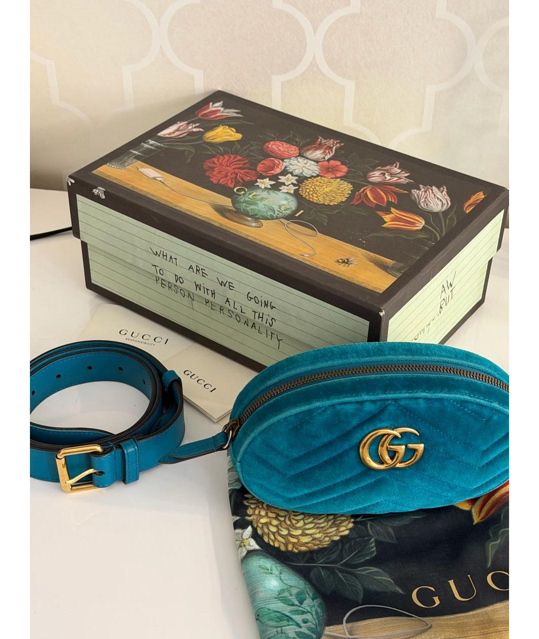 GUCCI Бирюзовая бархатная поясная сумка, фото 6