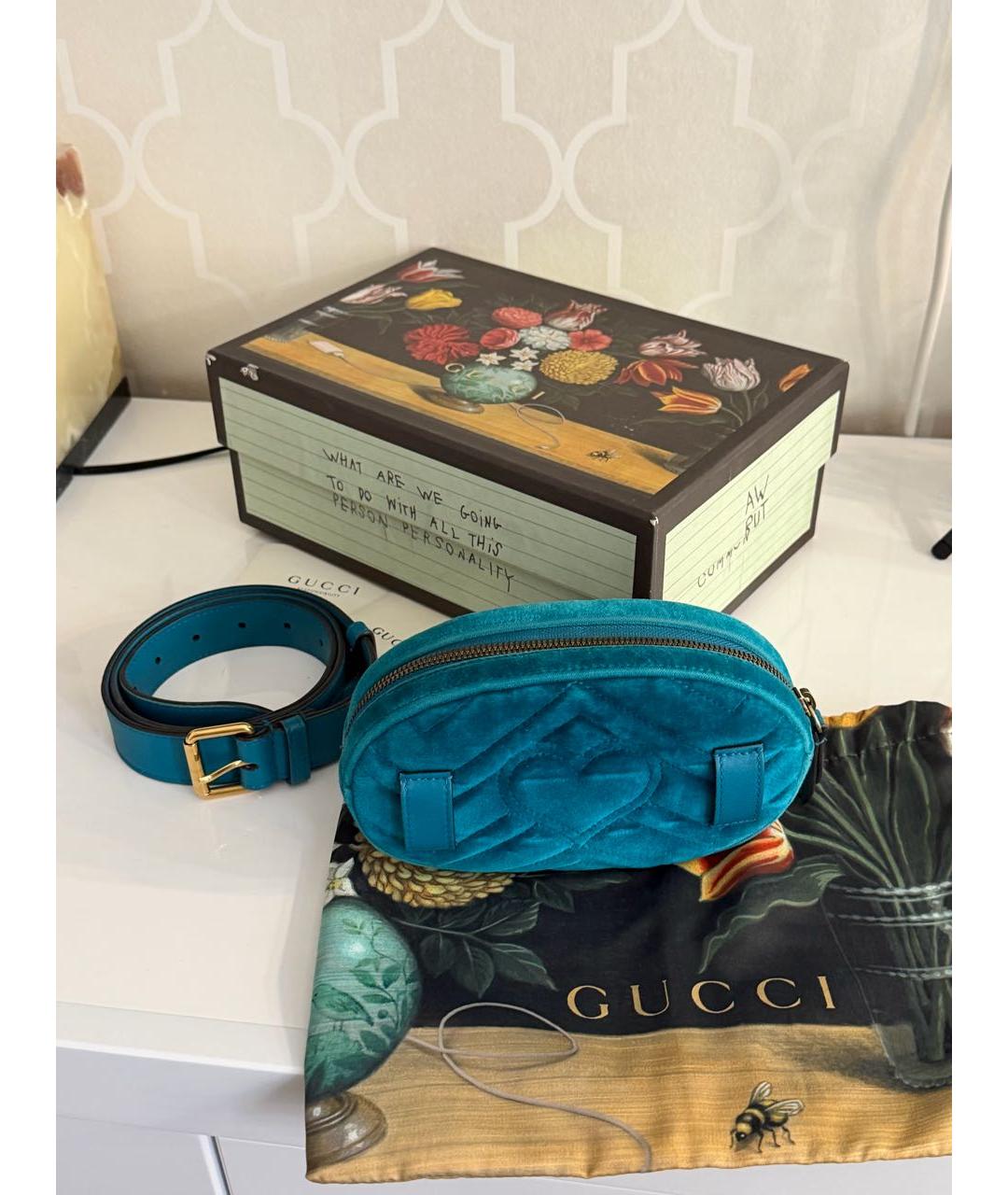 GUCCI Бирюзовая бархатная поясная сумка, фото 3